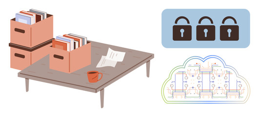 Office desk with file boxes, mug, papers, digital locks, and cloud storage network. Ideal for security, privacy, data management, information storage cloud integration office organization © robu_s