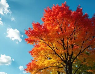 Vibrant black tupelo tree displays stunning red and yellow autumn foliage against a clear blue sky. Sunlight illuminates colorful leaves, showcasing seasonal beauty with white clouds drifting by.