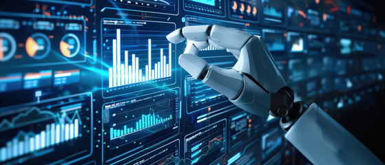 Close-up of a robotic hand interacting with holographic data charts and graphs. Concept of artificial intelligence, big data analysis, automation, and futuristic digital technology.