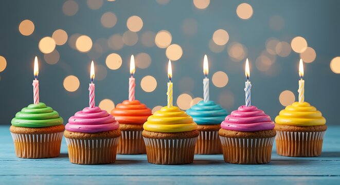 A row of colorful cupcakes with lit candles on a rustic blue wooden table against a bokeh background
