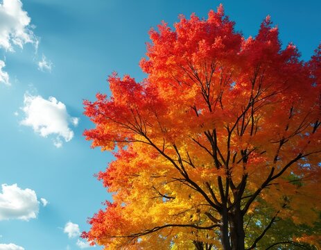 Vibrant black tupelo tree displays stunning red and yellow autumn foliage against a clear blue sky. Sunlight illuminates colorful leaves, showcasing seasonal beauty with white clouds drifting by.