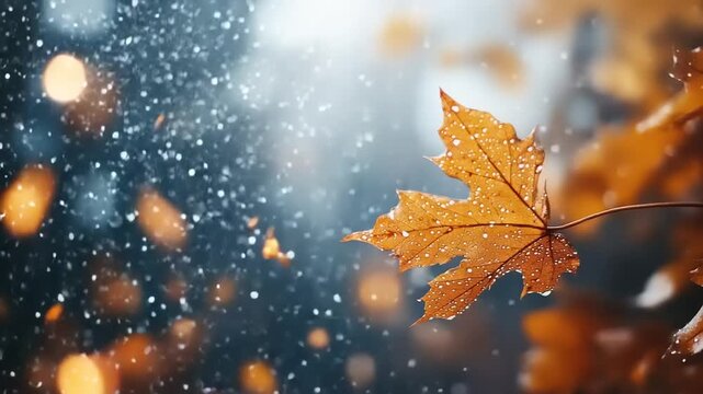 Glistening golden autumn maple leaf, sparkling with raindrops against a dreamy bokeh backdrop, captures the serene, vibrant beauty and atmospheric charm of the fall season