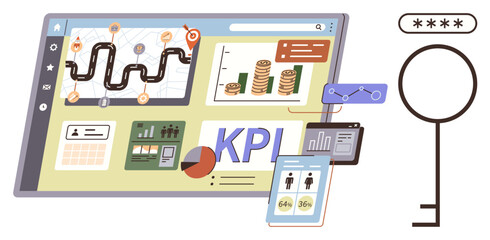 Digital dashboard featuring KPI data, charts, financial graphs, and user analytics connected to a secure key. Ideal for business growth, performance monitoring, security, data tracking, planning