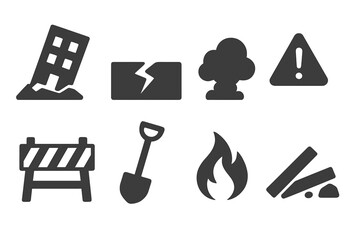 Obraz premium Disaster Icons Collection. Solid style icons of disaster sites: collapsed building, cracked ground, smoke cloud, warning sign,