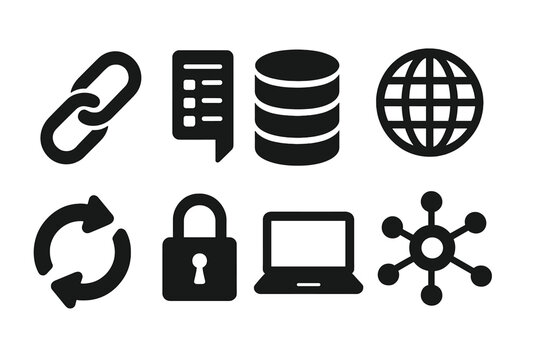 Blockchain Icons Collection. Solid style icons of blockchain traceability: chain link, digital ledger, database, globe, arrows