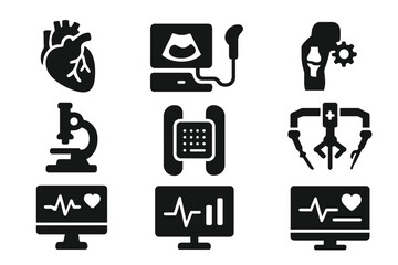 Biomedical Engineering Icons. Solid style icons of Biomedical Engineering: artificial organ, diagnostic device, prosthetic design,