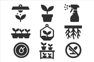 Indoor Gardening Icons. Solid style icons of Indoor Gardening: grow lamp, potted plant, mist sprayer, seedling tray, glass