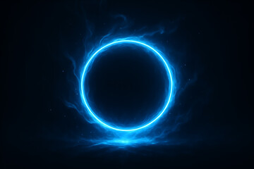 Glowing neon blue energy circle with smoke and light effects representing futuristic digital technology portal and abstract power source