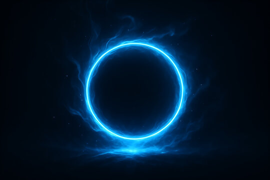 Glowing neon blue energy circle with smoke and light effects representing futuristic digital technology portal and abstract power source