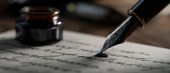 Closeup of vintage fountain pen writing on paper with inkwell Concept of calligraphy, literature, history, and classic writing tools