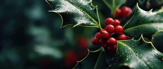 Closeup of Wet Holly Berries and Leaves with Water Droplets, Symbolizing Christmas Season and Festive Holiday Cheer