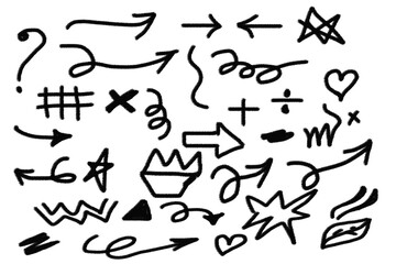 Collection of hand-drawn style arrow icons pointing in various directions and styles