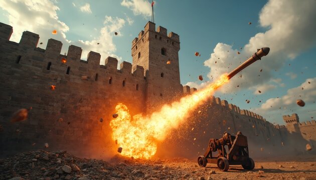 Medieval scene with catapult launching projectile. Explosion destroys castle wall, scattering debris. Action warfare, combat, history, defense concept. Tactical fortification strategy in dynamic