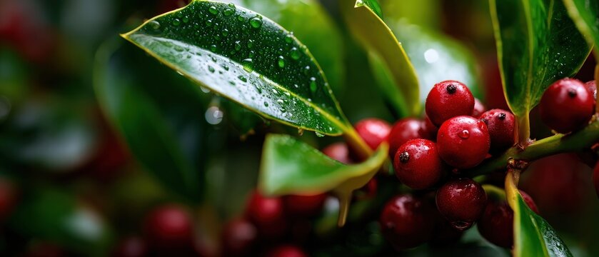 Closeup of vibrant red Holly berries and green leaves glistening with raindrops in natural daylight Concept of Christmas, winter season, and natures beauty - Powered by Adobe