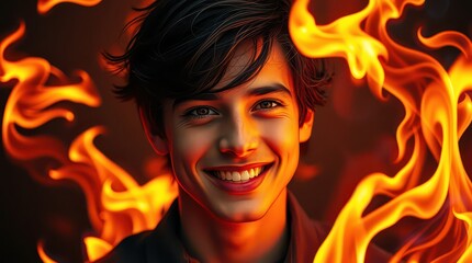 A guy smiles against a Halloween fire
