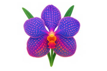 Vanda orchid flower blooming with vibrant purple and pink petals plus green leaves on transparency