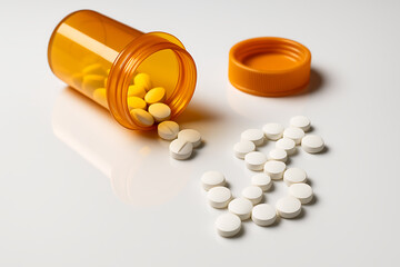 Pharmaceutical concept showing open container with scattered tablets representing illness recovery prescription drug abuse and healthcare crisis
