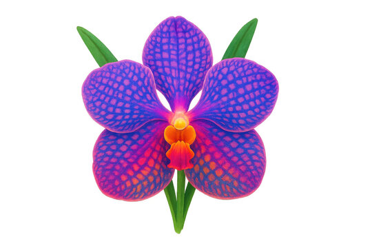 Vanda orchid flower blooming with vibrant purple and pink petals plus green leaves on transparency