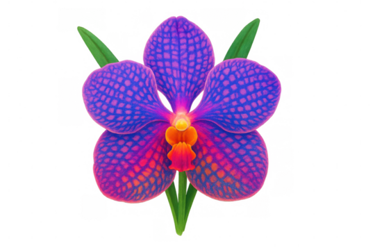 Vanda orchid flower blooming with vibrant purple and pink petals plus green leaves on transparency