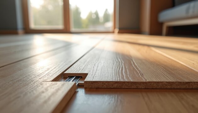 Laminate floor installation process close-up. Longitudinal lock joint connection details of floating flooring. Construction, renovation or house repair. Interior design project. Modern home interior.