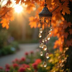 Crystal wind chime sparkles in autumn sunlight. Hanging garden ornament features ornate metal and glass elements. Creates peaceful, relaxing ambience with vibrant reflections and glow.