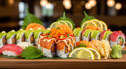 Fiery and Delicious Sushi Roll Platter: Assorted Japanese Cuisine, Fresh Fish, Avocado, Lemon