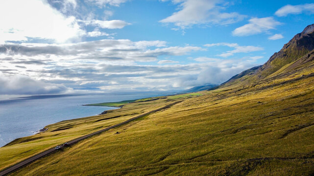 Aerial View of Coastal Landscape near Sau&eth;&aacute;rkr&oacute;kur, North Iceland