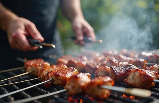 Man grilling meat skewers on barbecue grill. Cooking pork over hot charcoals. Smoke rising from grilled meat. Picnic with friends outdoors. Summer party food.