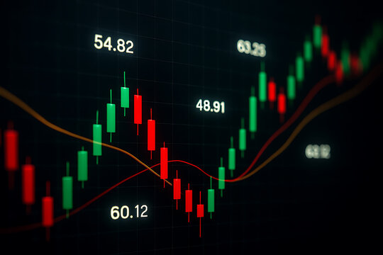 Stock trading candlestick chart with red green candles moving averages and financial data values showing market investment trends