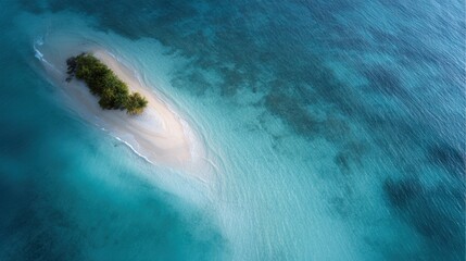 aerial view of tropical island with coral reef, bright turquoise ocean, summer paradise mood