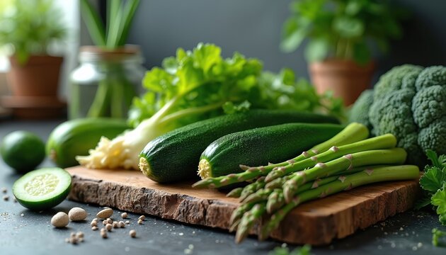 Fresh organic food display green vegetables like zucchini cucumbers asparagus placed on rustic wooden kitchen countertop. Broccoli sprouts, green onion, fresh herbs, spices. Healthy eating, eco
