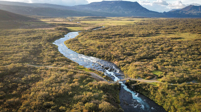 Aerial View of Br&uacute;arfoss Waterfall and Footbridge in Southwest Iceland