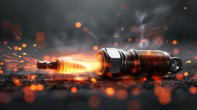 3d rendering of a spark plug igniting with a spark, highlighting its design and function
