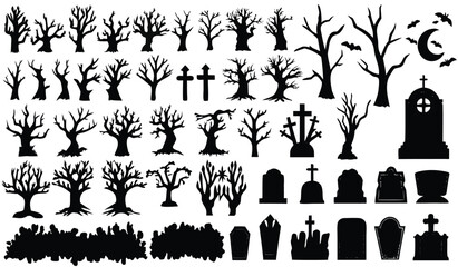 Spooky Graveyard Silhouettes: Bare Trees, Tombstones, and Crosses for Halloween Decor Designs