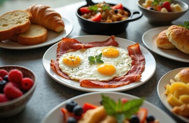 Delicious brunch spread features fried eggs, crispy bacon, fresh pastries, colorful fruit. Variety of breakfast, lunch dishes served on white plates, set against neutral background. Offers satisfying