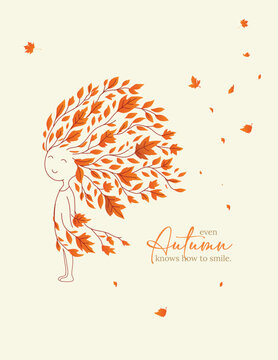 Cute Autumn smiling Girl Vector Illustration with Falling Leaves and Wind. Girl Surrounded by Autumn Leaves
