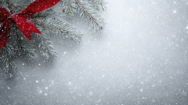 christmas background, pine branches, red ribbon, snowflakes - Powered by Adobe