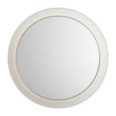 Frosted glass-framed round mirror, ideal for a contemporary apartment bedroom.
