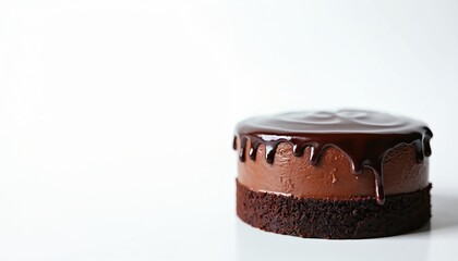Rich dark chocolate brownie cake with glossy ganache icing drips. Decadent, moist layers on white background. Perfect for birthday, celebration, party, holiday, festive occasion.