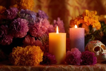 dia de muertos altar with candles, marigolds, and sugar skulls, vibrant Mexican tradition