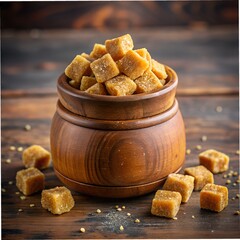 golden jaggery pieces arranged around rustic wooden jar on bright white background healthy sweetener still life photography