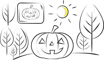 Fototapeta premium Cheerful Jack-O'-Lantern in Sunny Forest Line Art - Halloween Coloring Pages, Crafts, Decor, and Fun Pumpkin Design Ideas