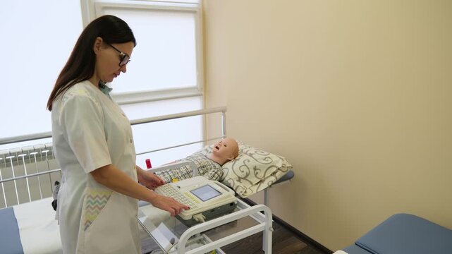 Female medical intern practicing emergency first aid and cpr on a pediatric simulation dummy in a hospital training room, learning resuscitation and life-saving techniques with equipment