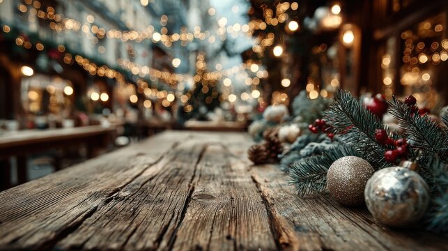 Festive outdoor market with seasonal decorations and warm lights during winter evening