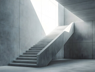 Obraz premium Bright sunlight illuminating minimalist white staircase inside contemporary living space, casting soft shadows and creating serene, open interior design environment