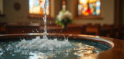 Holy water flows into baptismal font. Wood rimmed basin with water splashes. Church interior, stained glass window background. Christian sacrament ritual for infant initiation into faith.