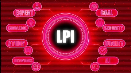 Red digital technology infographic with LPI text and glowing neon icons on a textured red background - Powered by Adobe