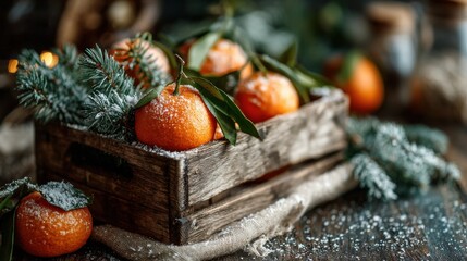 Fresh oranges with green leaves and snowflakes in a rustic wooden crate on a winter table