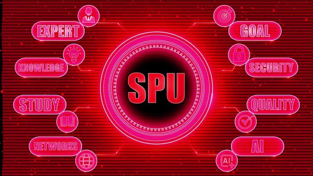 SPU concept with connected icons for expert knowledge study networks goal security quality and AI on a red digital background