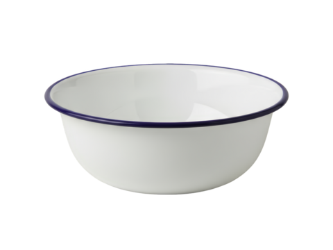 White enamel bowl with blue rim, transparent background